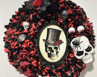 Corona gótica de calaveras, decoración victoriana negra y roja para puerta de Halloween