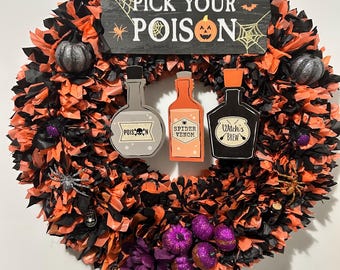 Corona de Halloween "Elige tu veneno" / Corona de poción de bruja / Decoración de puerta de Halloween naranja y negra / Corona espeluznante hecha a mano