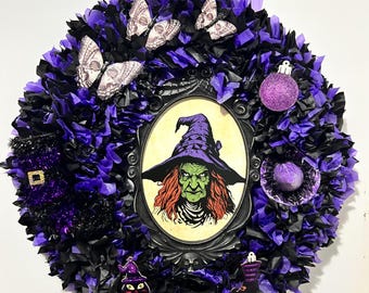 Corona de bruja morada y negra hecha a mano – Decoración gótica de Halloween para la puerta