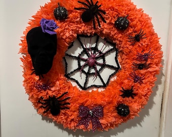 Corona de Halloween naranja hecha a mano / Decoración para puerta con calaveras, arañas y calabazas