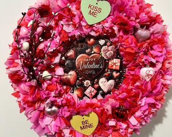 Corona de San Valentín hecha a mano: rosa, rojo, corazones brillantes, bésame, sé mío (decoración para puerta)