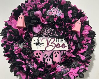 Corona de Halloween rosa y negra, centro de mesa fantasma "Hey Boo", decoración espeluznante para la puerta