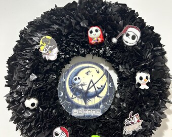 Corona de Halloween, decoración de bienvenida para puerta con Jack y Sally en negro texturizado