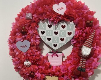 Corona de San Valentín, decoración de puerta con gnomo rosa y rojo y corazón XOXO
