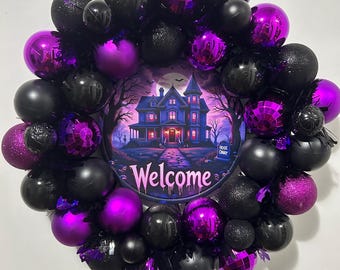 Corona de Halloween, decoración gótica morada y negra para puerta de bienvenida / Casa embrujada