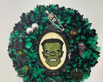 Corona de Halloween de Frankenstein / Decoración de puerta de terror verde y negra / Corona de monstruos góticos