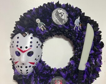 Corona de Halloween de Jason Voorhees del Viernes 13 / Decoración de puerta inspirada en la película de terror