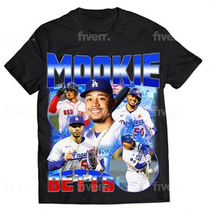 May include: Black t-shirt featuring a collage of baseball player Mookie Betts in various team uniforms. The shirt has the name "MOOKIE" in blue and white, and "BETTS" in red and white. Images include Betts in Red Sox and Dodgers uniforms.