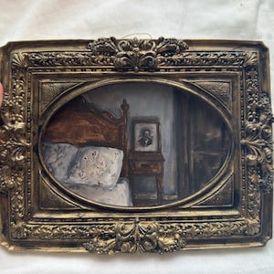 Unique Framed Cosy and Moody Scenery of a Vintage Bed and Flowers Watercolor Painting, Still life in Golden Handmade Frame, Bedroom Art