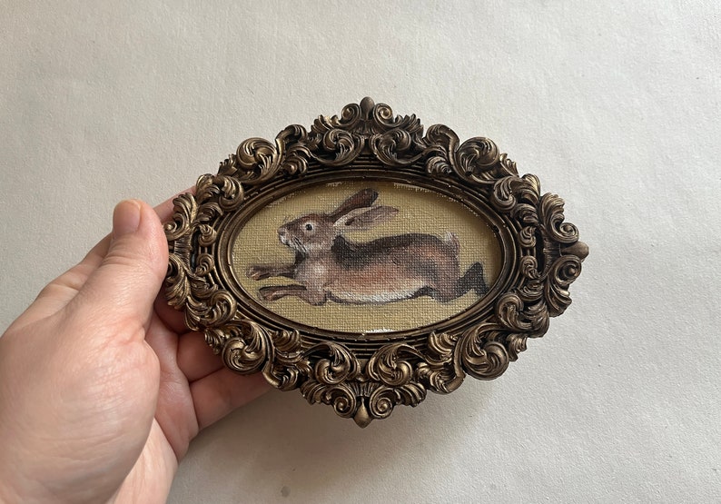 Vintage framed bunny portrait, gothic original handmade rabbit painting, bunny oil painting, original oil painting wall gallery, bunny art Bunny 2