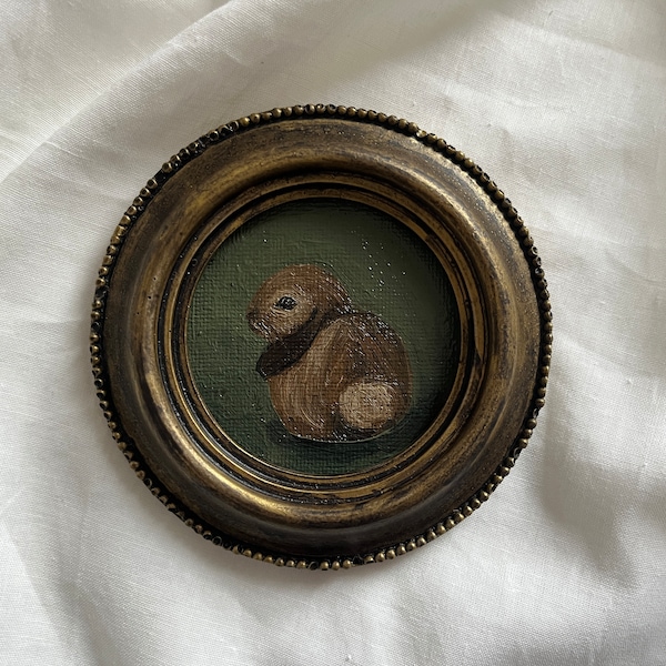 Round Vintage framed bunny portrait, gothic original handmade rabbit painting, bunny painting, original oil painting wall gallery, bunny art