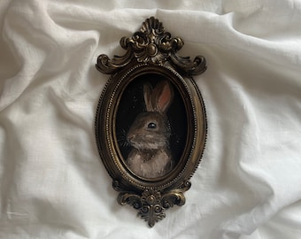 Vintage framed bunny portrait, gothic original handmade rabbit painting, bunny oil painting, original oil painting wall gallery, bunny art