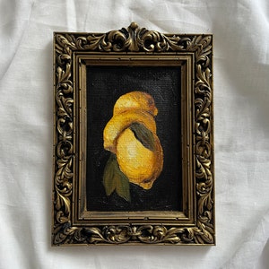 Vintage framed still life with lemons, Original handmade oil painting in handmade golden frame, Antique still life with fruits, vintage art