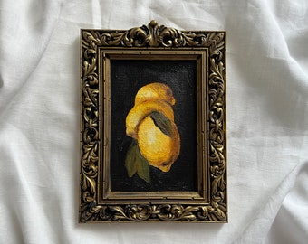 Vintage ingelijst stilleven met citroenen, origineel handgemaakt olieverfschilderij in handgemaakte gouden lijst, antiek stilleven met fruit, vintage kunst