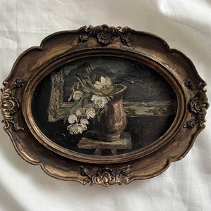 Vintage framed still life with vase and flowers, Original handmade oil painting in handmade golden frame, Antique still life, vintage art