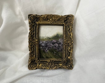 Vintage Golden Framed oil painting landscape, European fields with flowers painting, Original and authentic hand painted French countryside