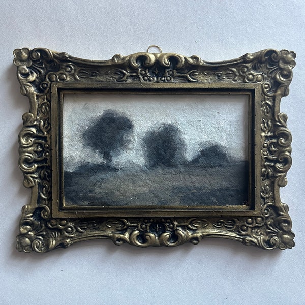 Vintage framed watercolor landscape painting on rag cotton paper handmade painting moody rural art moody fields on recycled handmade paper