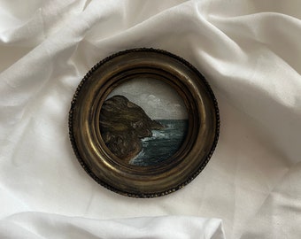 Vintage round framed seascape oil painting | Original arched antique tropical wall art | Framed beach oil painting gallery | Coastal sea art