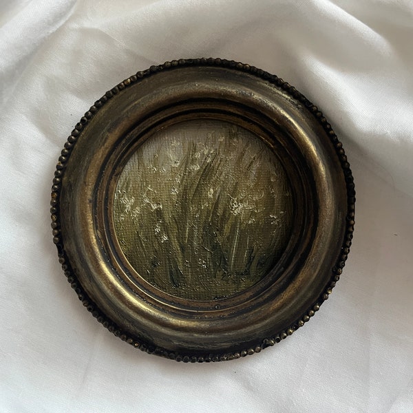 Vintage Golden Round Framed oil painting landscape field and flowers Original and authentic hand painted French country moody rustic scene