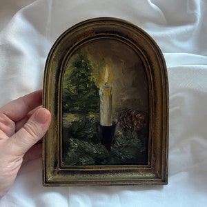 Arched vintage style framed original lighted candle oil painting, Antique golden framed candle and tree, Christmas original scenery painting