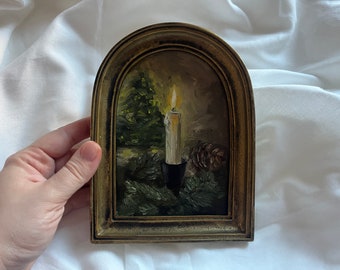 Arched vintage style framed original lighted candle oil painting, Antique golden framed candle and tree, Christmas original scenery painting