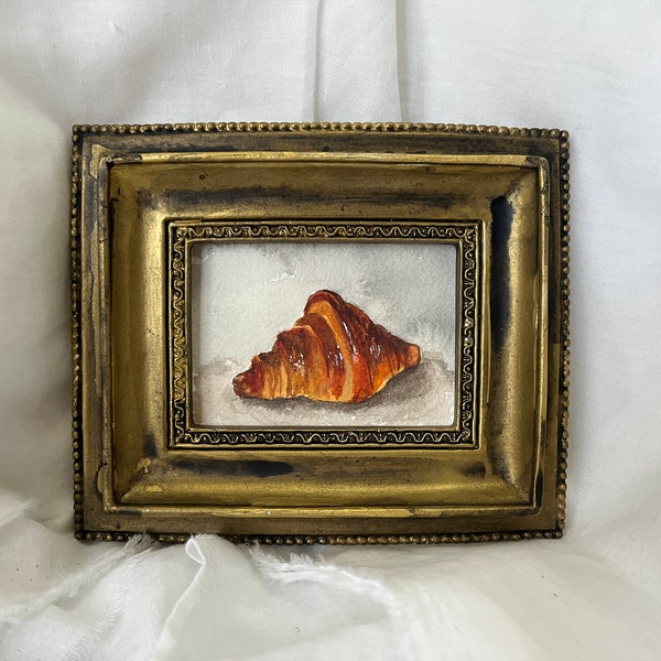 Gerahmtes Aquarellgemälde „Croissants“ | Kleines, handgemaltes Bild zum Aufhängen und Ausstellen