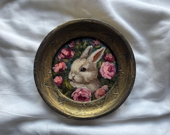 Pintura al óleo original de conejito con rosas, redonda y enmarcada, con aspecto antiguo, estilo vintage, enmarcada a mano.
