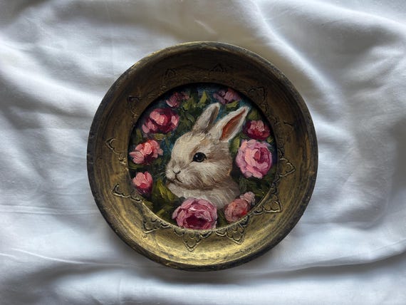Framed Round Original Bunny with Roses Oil Painting, Little Antique Look Rabbit Oil Painting, Vintage Mood Cute Bunny Art in Handmade Frame
