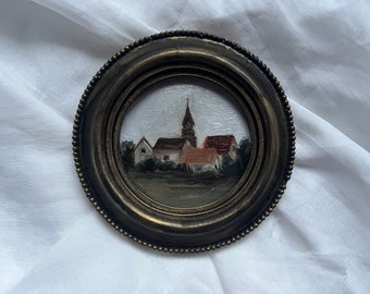 Vintage Round Golden Framed oil painting landscape,Original and authentic French countryside artwork,Antique framed village art, unique gift