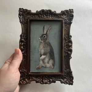 Vintage framed bunny portrait, gothic original handmade rabbit painting, bunny oil painting, original oil painting wall gallery, bunny art Bunny 4