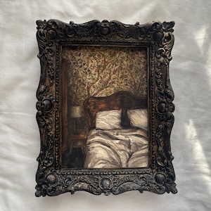 Original Watercolor Painting of Vintage Bedroom - Moody Floral Wallpaper, Whimsical Sunday Bed Scene, 9x7 Inch Dark Framed Art, Unique Gift