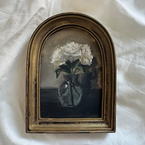 Vaso e fiori di natura morta con cornice vintage, dipinto ad acquerello originale fatto a mano in cornice dorata fatta a mano, natura morta antica con fiori
