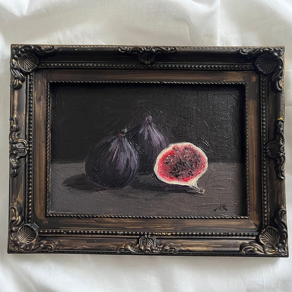 Vintage framed still life with figs, Original handmade oil painting in handmade golden frame, Antique still life with fruits, vintage art