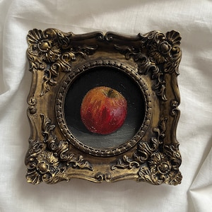 Vintage framed still life with apple, Original handmade watercolor painting in handmade golden frame, Antique still life with fruits art