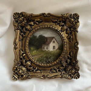 Vintage original framed countryside landscape, vintage house and garden oil painting, vintage little rural painting, antique original art