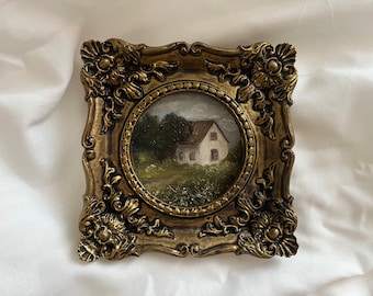 Vintage original framed countryside landscape, vintage house and garden oil painting, vintage little rural painting, antique original art