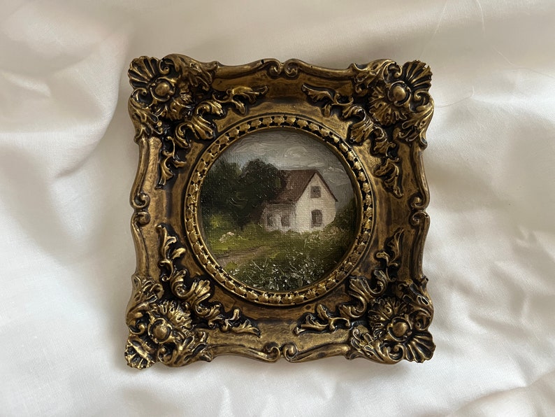 Vintage original framed countryside landscape, vintage house and garden oil painting, vintage little rural painting, antique original art image 1