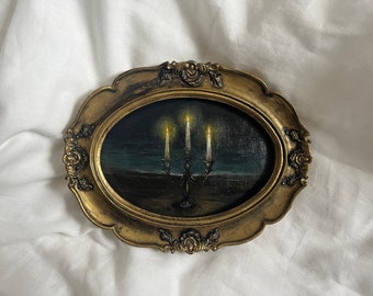 Original and unique framed candles on the beach oil painting in handmade frame, Vintage chandelier art,  golden frame art gift