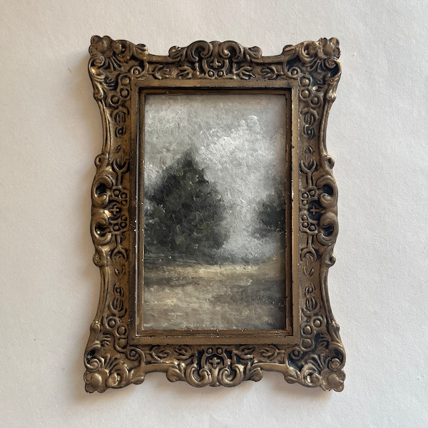 Vintage framed original watercolour on cotton paper moody landscape, watercolour field landscape authentic interior art trees tiny art