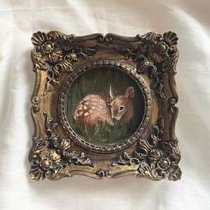 Vintage framed deer portrait, gothic original handmade baby deer painting, deer oil painting, original oil painting wall gallery, deer art