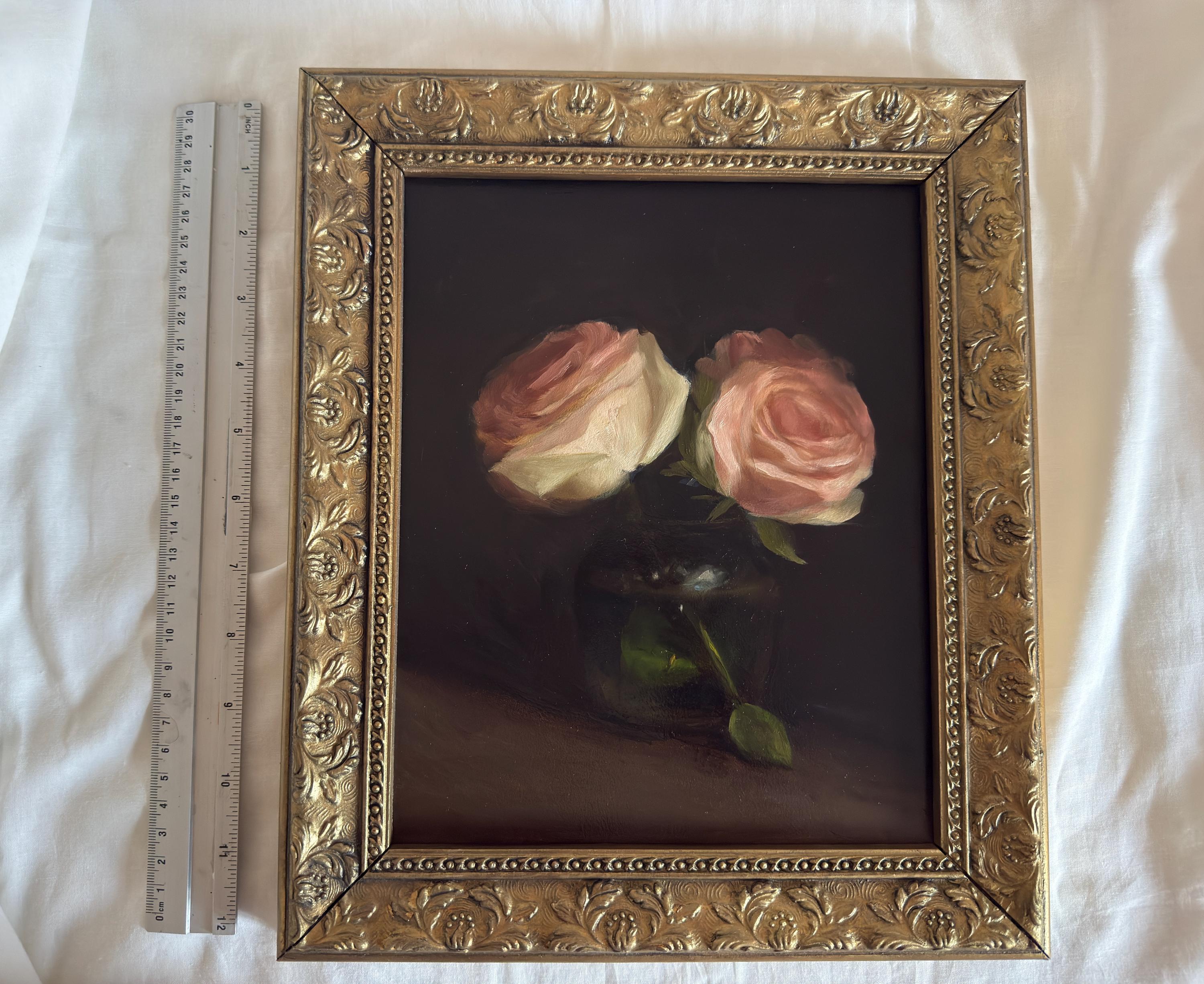 ピンクのバラ 油彩画 木製フレーム ユニークな静物画、ピンクのバラ、木製フレーム入り油絵 | 9x7インチ