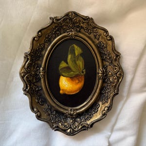 Vintage Looking framed still life with lemon, Original handmade oil painting in handmade golden frame, Antique still life with fruits