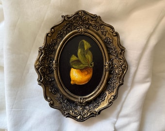 Vintage Looking framed still life with lemon, Original handmade oil painting in handmade golden frame, Antique still life with fruits