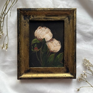 Unique Peonies Watercolor Painting - Vintage Antique Style, Elegant Floral Art, 4x5 Inches, Beautiful Gouache Moody Peonies Painting