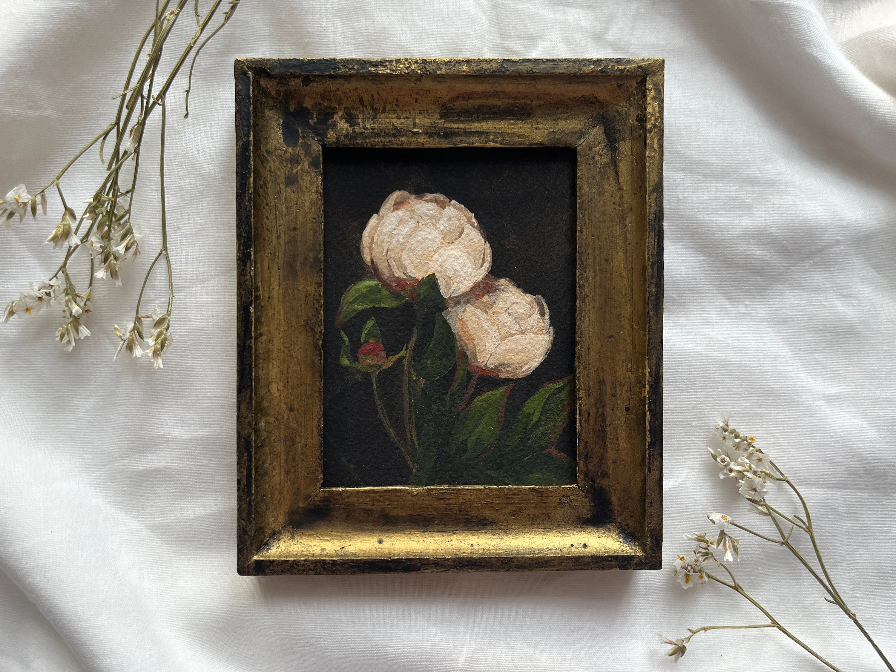 Framed Original Peonies Watercolor Painting - Vintage Antique Style, Elegant Floral Art, 4x5 Inches, Beautiful Gouache Moody Peony Painting