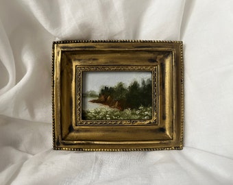 Vintage Golden Framed oil painting lake landscape, Original and authentic French countryside artwork, French Antique framed landscape gift