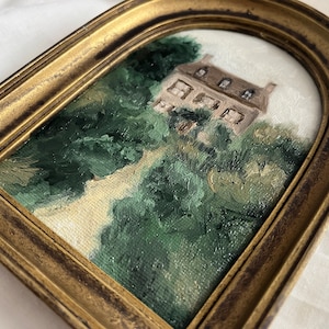 Vintage Golden Framed oil painting landscape farmhouse and garden Original and authentic hand painted french countryside moody rustic house image 4