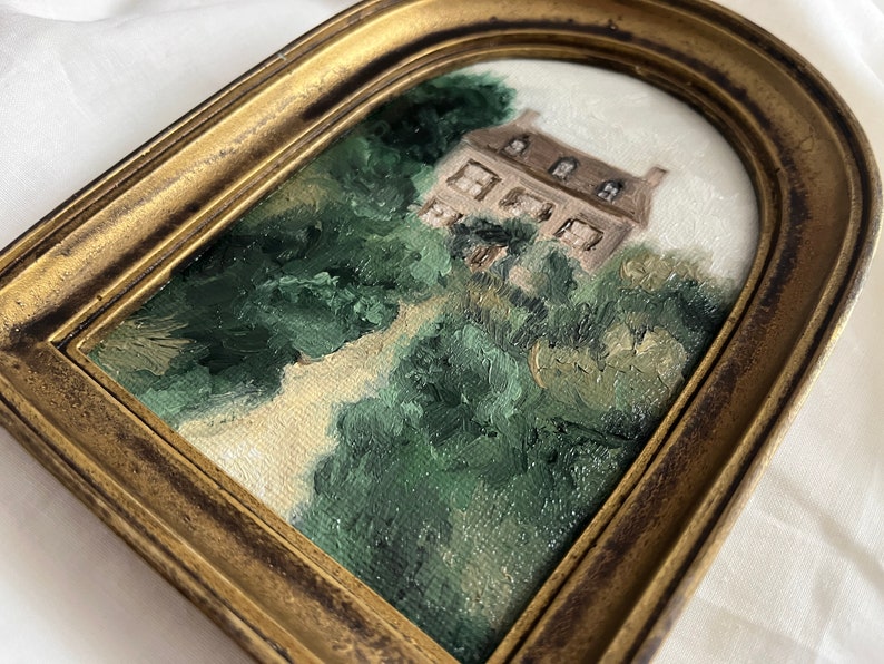 Vintage Golden Framed oil painting landscape farmhouse and garden Original and authentic hand painted french countryside moody rustic house image 4