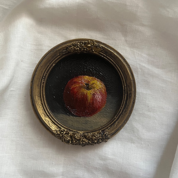 Vintage ingelijst stilleven met appel, Origineel handgemaakt aquarelschilderij in handgemaakte gouden lijst, Antiek stilleven met fruitkunst