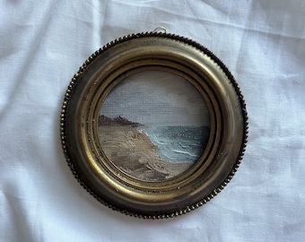 Round framed beach oil painting, Vintage golden frame seascape, original coastal oil painting, antique beach painting, little painting art